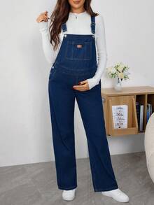 SHEIN 休闲百搭宽松日常孕妇牛仔背带裤 - 藍色 - 查看 3