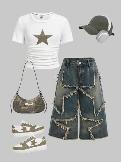 SHEIN Tween Girls Y2K 复古水洗星星补丁印花、腰带环、磨边、牛仔卡普里宽松牛仔裤长短裤，毛边设计，休闲时尚，适合日常穿着、学校、街头服饰