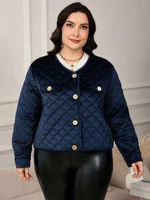 SHEIN Clasi Plus Size Elegant Solid Color Diamond Patterned Cropped Jacket,Women's Winter Coat,Keep Warm,,Work Wear,Office Attire,Business Professional - Navy Blue - View 3