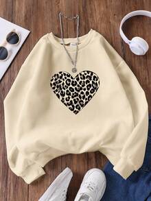 SHEIN Tween Girl Casual Leopard & Heart Pattern Sweatshirt med rund hals