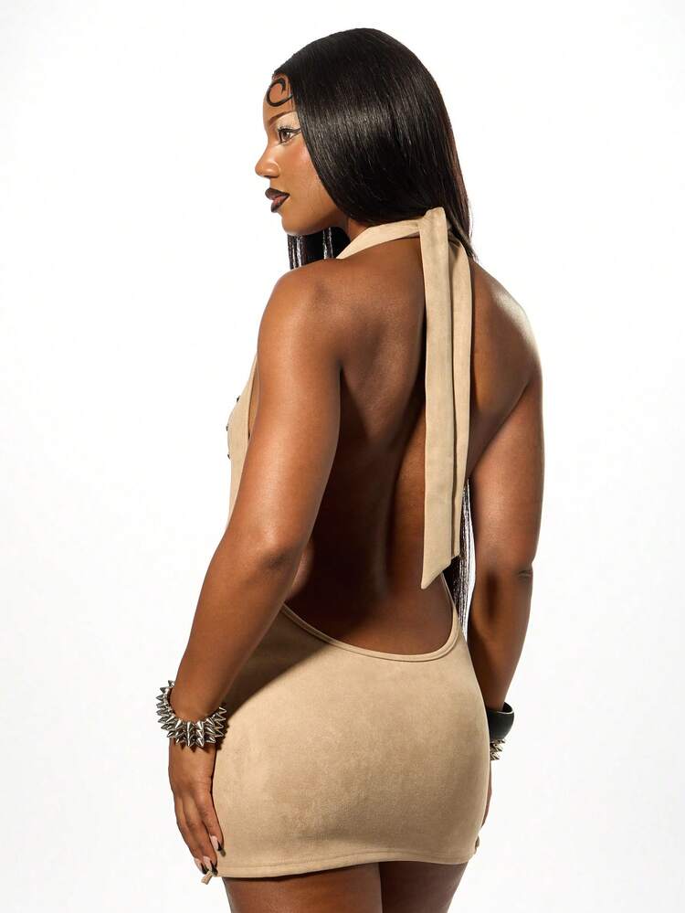 SUMWON Halloween Studded Cowl Neck Backless Mini Dress Suede Ultra Short Party Clubwear With Retro Style Statement Bracelets Fall Winter Collection