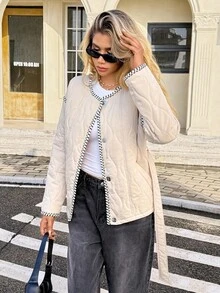 SHEIN Frenchy Women's Light Beige Winter Elegant Hiking Contrast Trim Round Neck Drop Shoulder Long Sleeve Button Front Casual Padded Coat,Quilted Jacket,Brown - Khaki - View 3