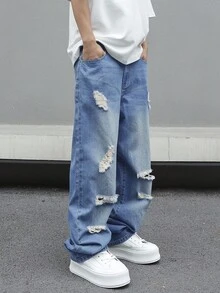 Manfinity EMRG Men's Pocket Distressed Wide Leg Loose Casual Jeans Ripped Baggy Jeans Men