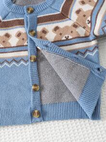 Cozy Pixies Suéter de cárdigan de manga larga con cuello redondo con estampado de oso de dibujos animados y geométrico para bebé niño en otoño/invierno - Azul - Ver 8