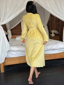 DAZY Women's Long Striped Textured Fleece Robe With Ruffle Hem, Autumn/Winter, Fall Winter Pajama, Cozy Outfit