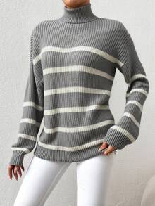 SHEIN Cottnline Striped Pattern Mock Neck Drop Shoulder Sweater Without Belt - Grey - View 5