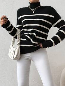 EURMUSE Striped Pattern High Neck Drop Shoulder Jumper - Black and White - View 6