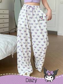 DAZY HELLO KITTY AND FRIENDS | SHEIN 女士舒适卡通图案抽绳腰带睡裤，冬季 - 白色 - 查看 7