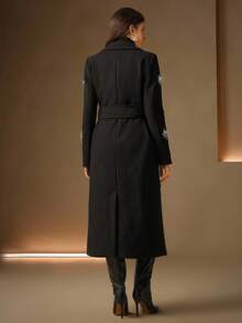 Anewsta Elegant Handcrafted Rhinestone Embellished Classic Double-Breasted Design With Delicate Belt Mid-Length Overcoat, Autumn/Winter - Black - View 7