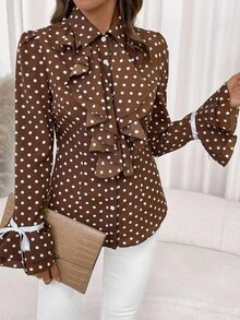 SHEIN Clasi 女士棕色波点印花荷叶边领蝴蝶结优雅休闲通勤长袖衬衫，秋冬棕色 - 咖啡棕 - 查看 6