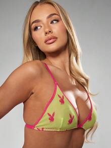 Missguided x Playboy Hasen-Muster Mesh Dreieck-BH Lingerie Set mit kontrastierendem rosa Saum, Sommer Strandmode, passendes Unterwäsche-Set