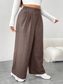 SHEIN Essnce 大码女装秋冬时尚休闲宽松日常舒适复古灰色松紧腰阔腿裤，女式下装，工作裤，秋季服装，老款，复古裤，曲线裤 - 咖啡棕 - 查看 3