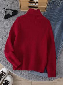 SHEIN 休闲纯色长袖高领男童毛衣，秋冬季，圣诞节 - 紅色 - 查看 2