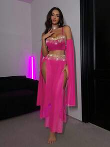 5pcs/Set Sequin Tassel Mesh Wireless Costume For Women - Hot Pink - View 3