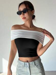 DAZY Women's Summer Color Block Off Shoulder Tight T-Shirt,Crop Tops Women Going Out Tops - Black - View 2