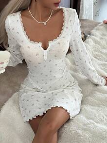 CottageSlumber Damen Spitzenbesatz Kerbe Ausschnitt Krone Muster Strick Langarm Nachthemd Kleid Nachtwäsche, gemütlich und elegant, Herbst & Winter