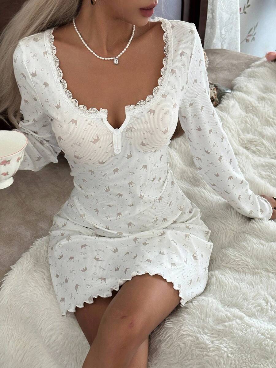 CottageSlumber Damen Spitzenbesatz Kerbe Ausschnitt Krone Muster Strick Langarm Nachthemd Kleid Nachtwäsche, gemütlich und elegant, Herbst & Winter