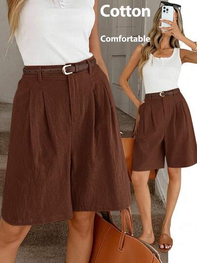 Easowa Casual Commuter Bermuda Shorts, Cotton Fabric, Comfortable Khaki Color Long Women's Shorts With Pockets And Zipper, Suitable For Vintage Style, Office, Commute And Daily Outfits, Autumn Brown Shorts Women Jorts For Women Baggy Wide Leg Shorts Women Long Shorts
