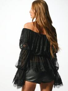 KIZN Off Shoulder Lace Bardot Blouse Long Sleeve Tiered Ruffle Top Evening Outfit