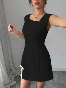 Rafferiza Boat Neck Color Block Patchwork Open Slit Bowknot Dress Fall Cloth For Women - Black - View 6