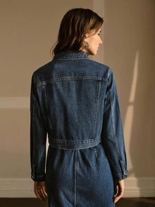 MOTF PREMIUM RHINESTONE EMBELLISHED BUTTON FRONT DENIM JACKET, AUTUMN/WINTER - Blue - View 5