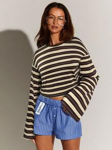 Athîral 女式休闲宽松蝙蝠条纹T恤，秋季 - 咖啡棕 - 查看 5