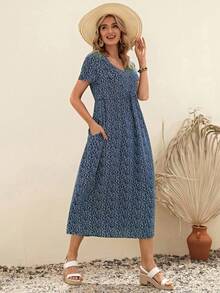EMERY ROSE 女式夏季度假短袖休閒小花印花裙 - 藏蓝色 - 查看 3