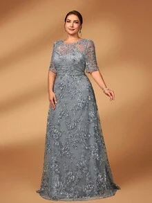 Serin 大码优雅浪漫奢华串珠刺绣圆领 3/4 袖 A 字下摆连衣裙，适合晚会、约会、舞会、度假、婚礼、新娘母亲礼服 - 灰色 - 查看 3