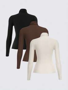 SHEIN BASICS 3pcs/Set Solid Color Knit Mock Neck Straight Shoulder Long Sleeve Fitted Women Undershirt Tops For W - Brown - View 4