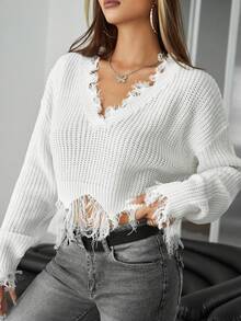 SHEIN ICON Spring vit crop-tröja med slitna kanter och drop shoulder för höst/vinter - Vitt - Visa 3