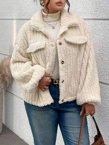 EMERY ROSE Plus Size Women's Flap Detail Button Front Flannel Jacket Winter Fall Autumn - Apricot - View 3