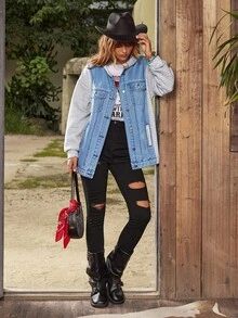 EMERY ROSE Women's Casual Button-Up Denim Hooded Jacket, For Daily Wear - Blue - View 2
