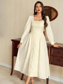 Vintamour Vintage Classic Elegant Women's Dress, Fitted Patchwork Jacquard Long Sleeve Dress, Apricot Color, Suitable For Autumn/Winter Modest Long Sleeve Dress Elegant Long Sleeve Dress Winter Clothes For Women Women Dresses Autumn Winter New Year Dress White Dress New Year New Year Women's Clothes White Dresses, Party Dress, Prom Dress, Wedding