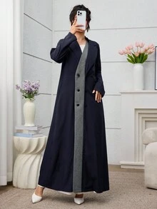 Yasmyna Abaya de mujer con estampado de cuadros y parches, de estilo único y elegante para el día a día - Azul Marino - Ver 6