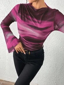 EMERY ROSE 女士秋冬美式复古扎染网眼印花长袖打底T恤，适合春季穿着 - 紅白色 - 查看 3