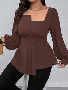 SHEIN LUNE Kemeja Lengan Panjang Kasual Ukuran Besar dengan Kerah Persegi, Warna Polos, dan Hem Bergelombang, Atasan Peplum untuk Natal - Coklat - View 4