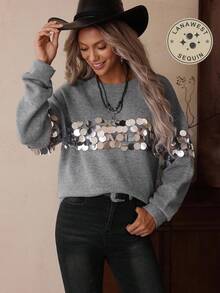 Women's Handmade Sequin Embellished Western Casual Sweater, LanaWest Fall Winter Cloth For Women - Grey - View 9