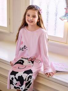 少女可爱奶牛印花圆领长袖睡衣连衣裙，圣诞节 - 粉色 - 查看 3