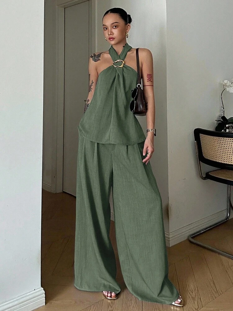 2pcs Set Vintage Coin Decor Halter Neck Top And Pants, Casual Summer Outfit