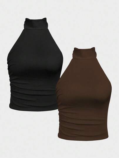 Chiquease 2 Piece Black And Brown Color Backless Sleeveless Crop Top,Elevated Elegance Top Set,Prom Top Set,Rave Festival Top,Streetwear,Women Birthday Top,Autumn And Winter Top Set,Halloween Top,Sparkly Top,Concert Top,Club Set,Date Night Top Crop Tops Curvy Tops High Neck Tops Brown Tops Fitted Tops