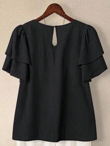 SHEIN LUNE 大码女式纯色圆领双层袖短袖休闲衬衫，休闲时尚百搭褶皱夏季假日女士衬衫 - 黑色 - 查看 2