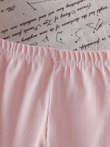 SHEIN 2 件女婴秋冬蓬松针织长袖上衣 + 粉色针织裤休闲套装