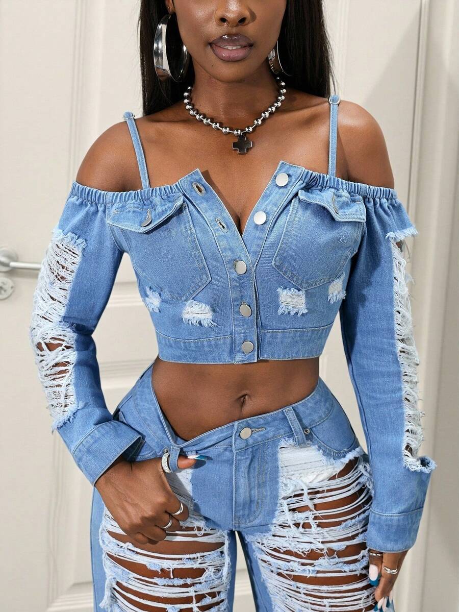 SHEIN PETITE 女士露肩长袖做旧牛仔短外套 - 藍色 - 查看 1