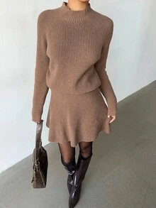 Elenzga Women Loose Casual Round Neck Textured Top And Pleated Skirt 2 Pieces Set - Brown - View 6