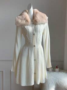 Comfortcana Váy len cổ lông chắp vá họa tiết dây thừng dành cho nữ, Thu/Đông - Màu be - Xem 4