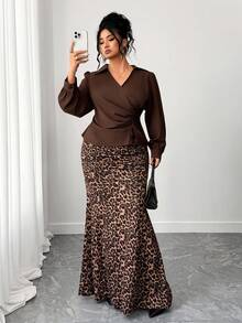 Elenzga Plus Size Women's Fashion Casual French Retro Elegant Ruched Blouse And Leopard Print Fishtail Skirt 2 Pieces Set Fall - Brown - View 6