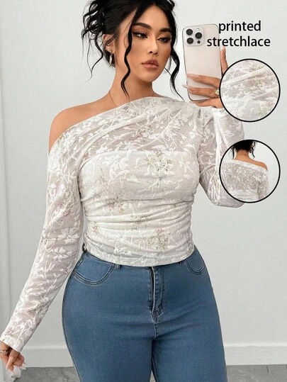 Elenzga Camiseta de mujer talla grande con estampado floral elegante y hombros de encaje elástico