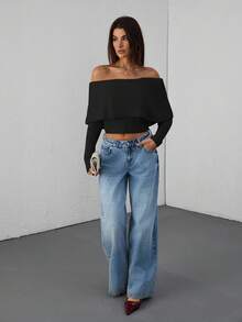 SHEIN Cottnline Casual Off Shoulder Bardot Ruffle Neckline Long Sleeve Sweater - Black - View 3