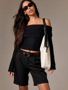 AiiRZ Top de manga larga con hombros descubiertos, cuello plegable, de punto acanalado y largo corto, moda de otoño e invierno