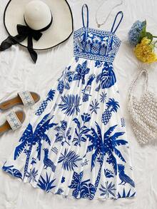 Soleia Plus Size Women Tropical Bird, Palm Tree & Floral Print Waist Cinched A-Line Midi Dress, Vacation Style